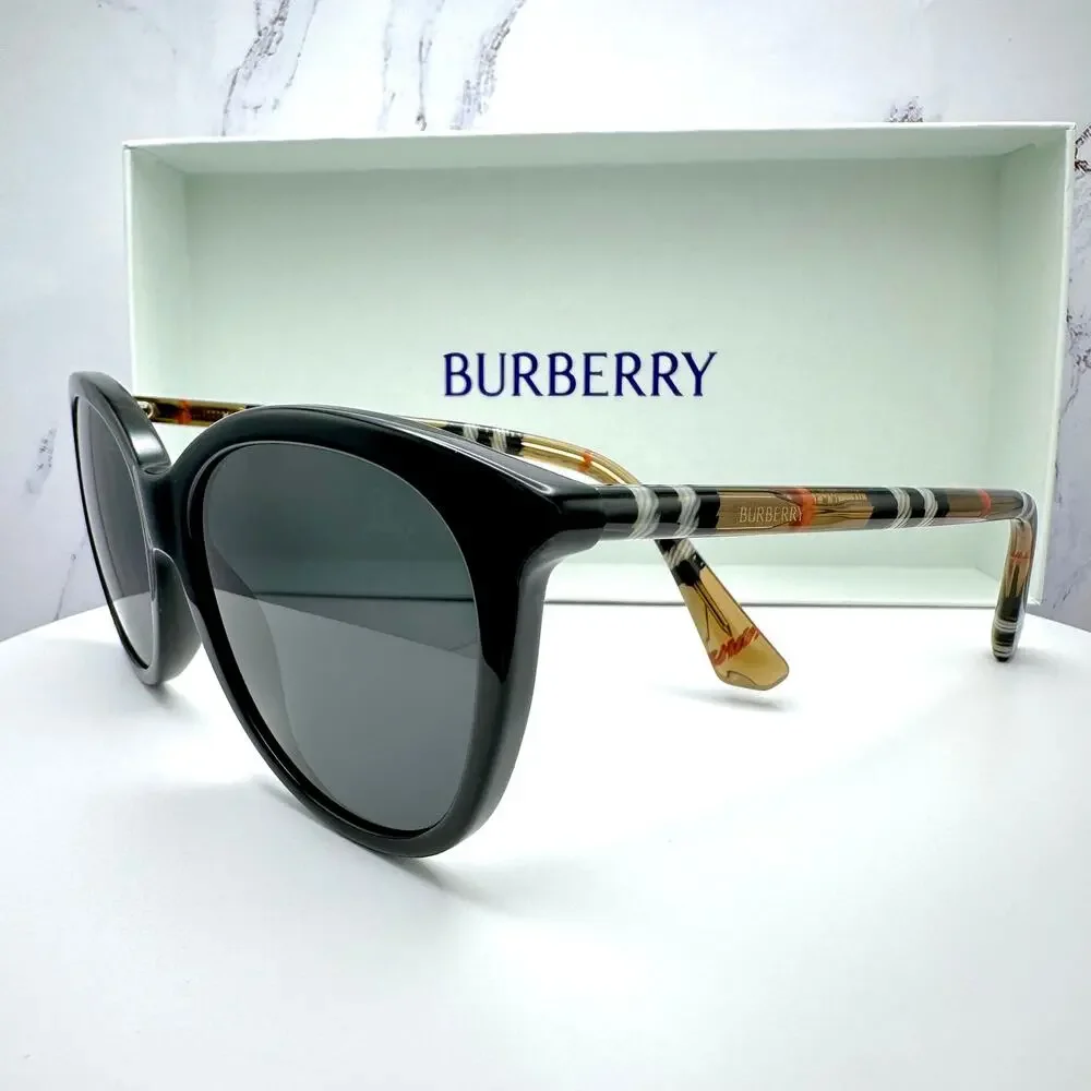 New Burberry Sunglasses Black Front Round Pantos Frame Checkered Arms Gray Lens - Picture 8 of 16